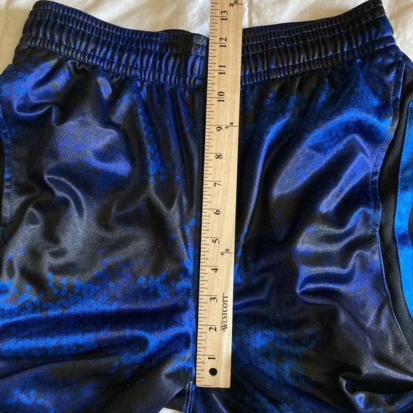 And1 Mens Small Basketball Shorts Silky Shiny Dazzle Blue Black Geometric Pocket - Picture 14 of 14